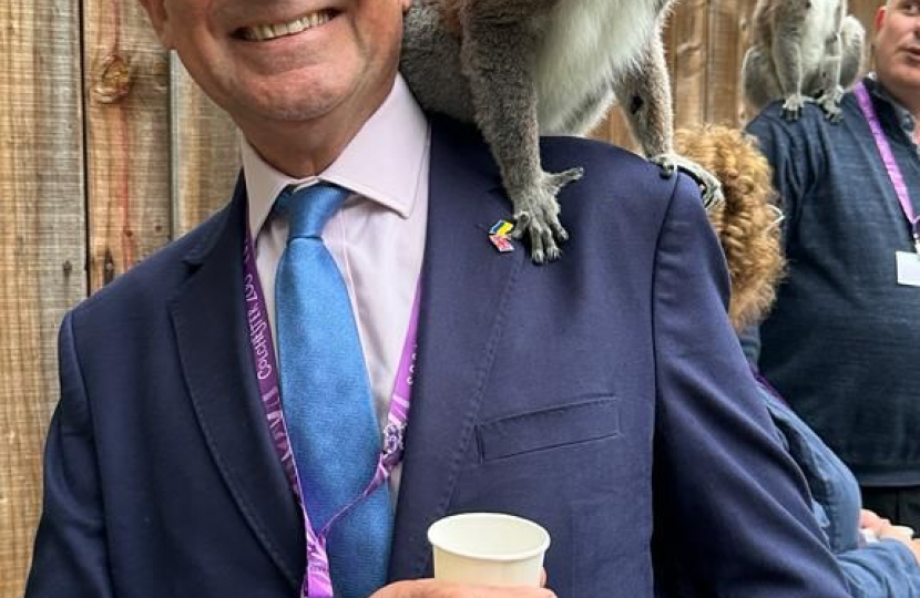Sir Bernard at Colchester Zoo with Lemur on his shoulder